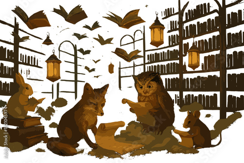 Whimsical Library Fantasy. Dreamlike mind library with flying books, glowing lanterns of memory, and curious animals reading