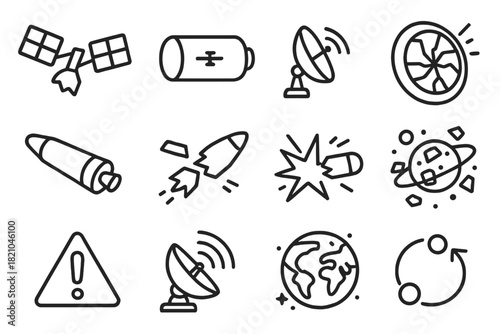 Space Debris Icons. Line style icons of space debris: broken panel, fuel tank, detached antenna, shattered lens; rocket body,