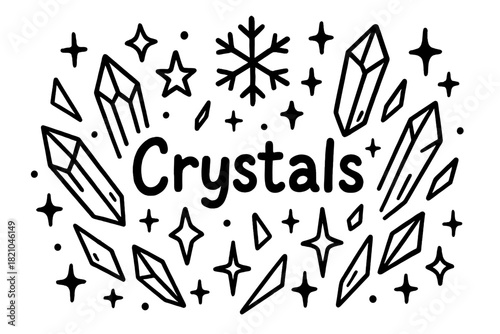 Doodle Ice Crystals. Doodle ice crystals with stars, shards, and sparkles, center word “Crystals” in black and white isolated