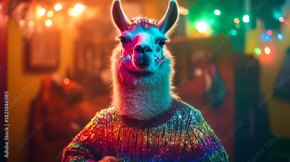 Naklejka premium Llama in a sequined sweater with blinking lights, posing proudly .
