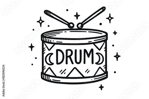 Moonlit Toy Drum. Hand-drawn toy drum with moons, sticks, and sparkles, center word “Drum” in black and white isolated transparent