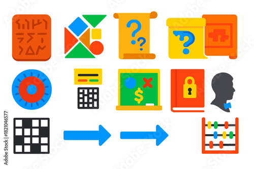 History of Puzzles Icons. Flat vector icons of history of puzzles: ancient tablet, tangram pieces, riddles scroll, puzzle box,