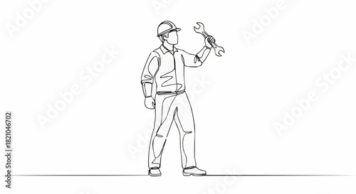 Engineer holding wrench looking up ready to work on project.