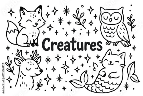 Enchanted Animal Class. Doodle enchanted animals class with stars, creatures, and sparkles, center word “Creatures” in black and