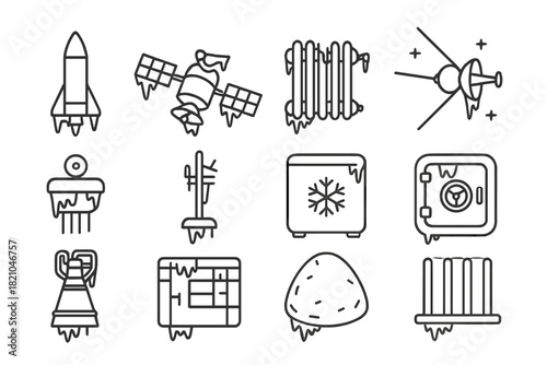 Extreme Cold Technology Icons. Line style icons of extreme cold technology: cryo rocket, frozen satellite, cooling radiator, deep