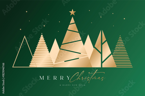 Modern Christmas Tree Illustration with Golden Decorations | Elegant Golden Christmas Tree and Star Design | Christmas Tree Design with Golden Triangular Shapes