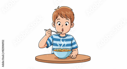 Young boy eating a bowl of hot soup with a spoon.