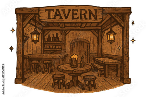 Cozy Tavern Scene. Hand-drawn tavern with warm brown wood, golden lanterns, glowing stars, center word “Tavern”, isolated
