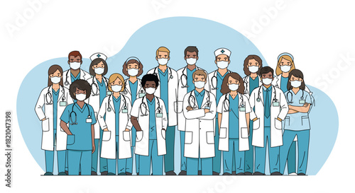 Dedicated team of diverse doctors and nurses wearing masks ready to serve patients in a safe and caring environment during healthcare crisis