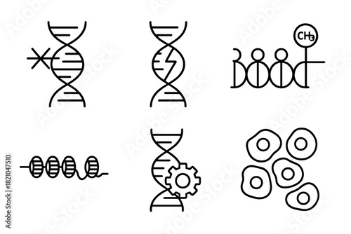 Cancer Epigenetics Icons. Line style icons of cancer epigenetics: tumor suppressor silencing, oncogene activation, CpG island