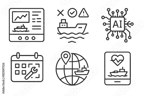 Global Fleet Icons. Line style icons of global fleet management: control center dashboard, ship status indicators, fleet command