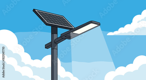 Solar powered street light illuminating the future with clean energy under a blue cloudy sky symbolizing sustainability and innovation