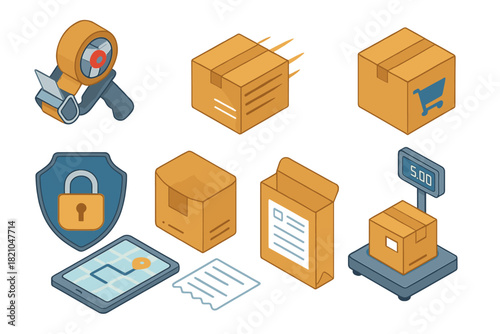 Logistics and Delivery Icons. Isometric vector illustration set of Logistics and Delivery: packaging tape gun, express badge,