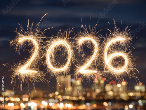 Golden sparklers for the year 2026 against a dark night sky over a blurry cityscape.
