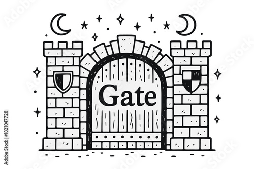Mystical Castle Gate. Hand-drawn castle gate with moons, shields, and sparkles, center word “Gate” in black and white isolated