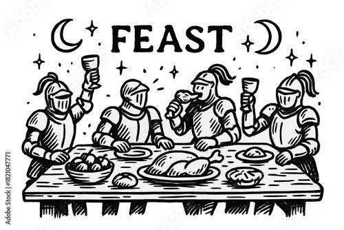 Medieval Moonlit Feast. Hand-drawn knight feast with moons, tables, and sparkles, center word “Feast” in black and white isolated