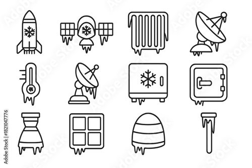 Extreme Cold Technology Icons. Line style icons of extreme cold technology: cryo rocket, frozen satellite, cooling radiator, deep