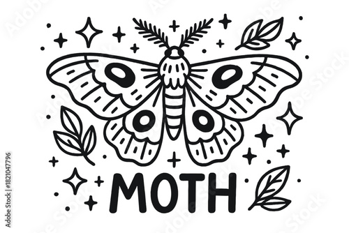 Moth Doodle Design. Doodle atlas moth with stars, sparkles, and leaves, center word “Moth” in black and white isolated transparent