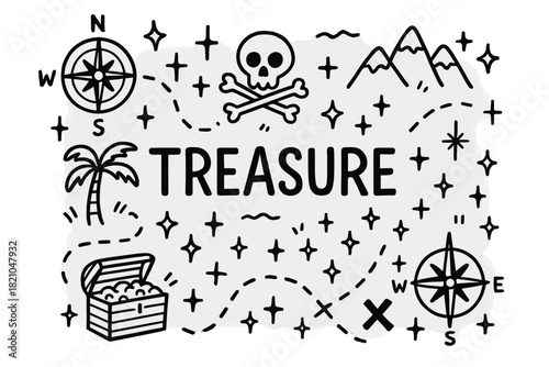 Doodle Treasure Map. Doodle treasure map with stars, compasses, and sparkles, center word “Treasure” in black and white isolated