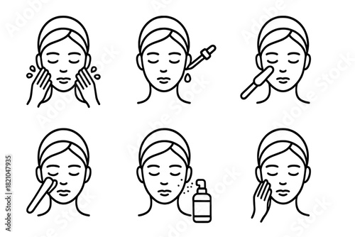 Cryo Facial Steps Icons. Line style icons of cryo facial treatment steps: cleansing the face, applying cryo serum, passing cold