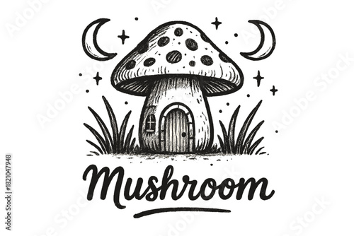Magical Mushroom Hut. Hand-drawn mushroom hut with moons, grass, and sparkles, center word “Mushroom” in black and white isolated