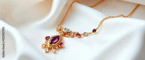Delicate gold necklace with gemstones rests on pristine white silk,  white,  clean