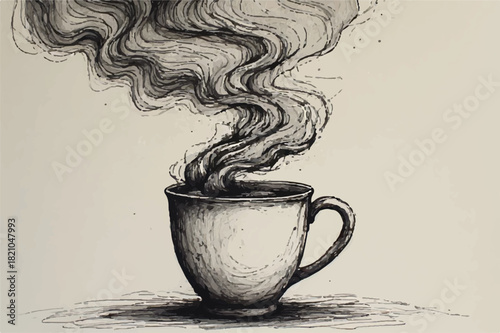 Artistic Sketch of Steaming Coffee Cup with Swirling Smoke.