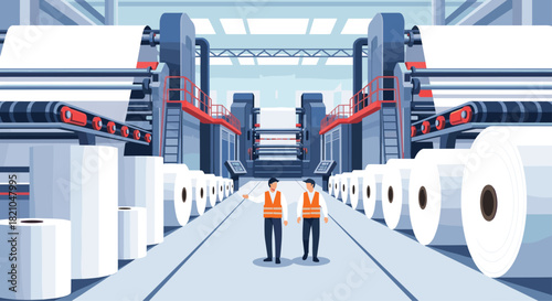 Paper mill factory workers manage the machinery and production line for a successful business venture in this modern industrial setting