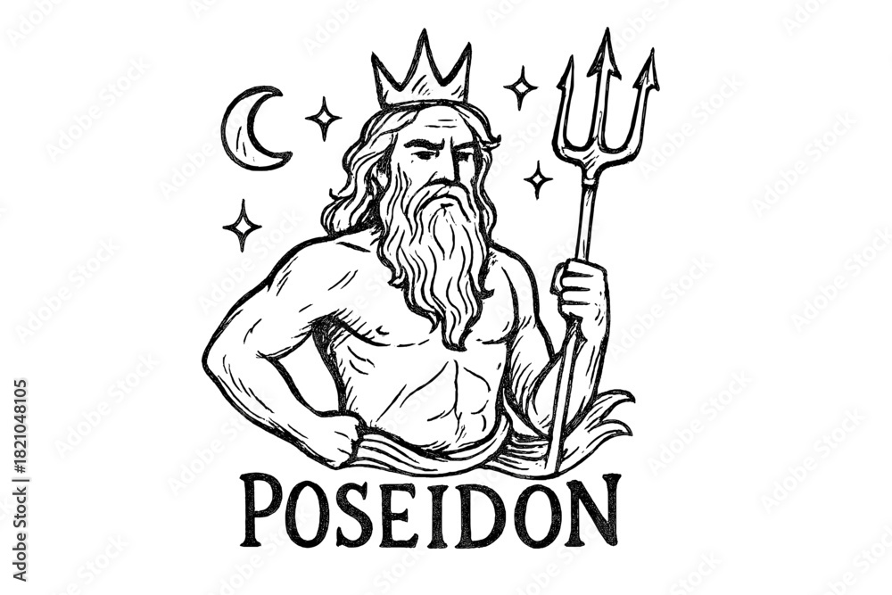Fototapeta premium Poseidon Illustration. Hand-drawn Poseidon with moons, crown, and sparkles, center word “Poseidon” in black and white isolated