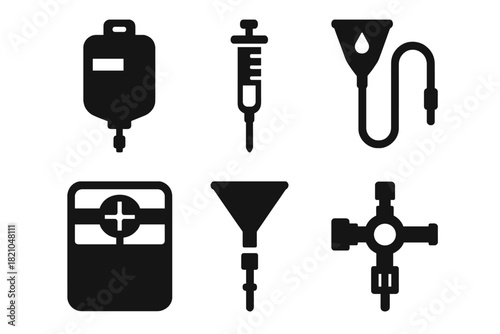 Microbial Infusion Tools. Solid style icons of microbial infusion tools: infusion bag, stool slurry syringe, gravity-fed tube. Mix