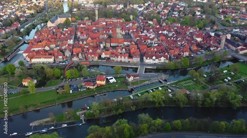 Aerial panoramic view around the old town of the city Hann. Münden in Germany on a sunny spring noon
