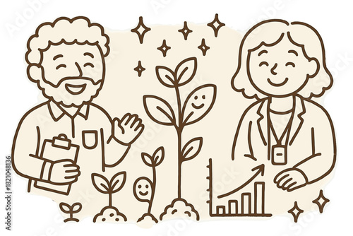 Therapy Doodles. Playful doodle long-term recovery therapy with smiling counselors, cartoon plants growing with faces, cheerful