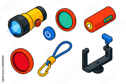 Diving Gear Icons. Isometric vector illustration set Underwater diving gear – underwater torch, beam lens, power button; battery