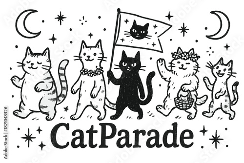 Cat Parade Belgium. Hand-drawn cat parade belgium with moons, cats, and sparkles, center word “CatParade” in black and white
