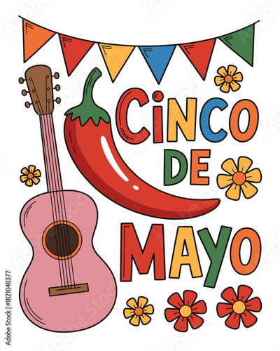 Colorful Cartoon Cinco de Mayo Celebration with Guitar, Chili Pepper, and Festive Decorations.