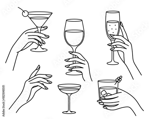 Elegant female hands holding cocktail and wine glasses in minimalist line art style, chic drink collection for party celebration and modern design projects. Vector illustration.
