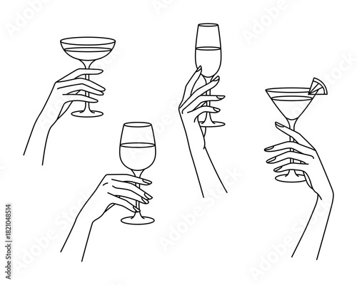 Elegant female hands holding wine, champagne and cocktail glasses in minimal one-line style, stylish linear drink illustration set for celebration, party and bar design. Vector illustration.