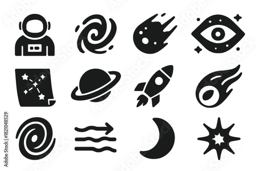 Cosmic Icon Set. Solid style icons of Cosmic Journeys: Astronaut, Galaxy, Meteor, Cosmic Eye, Star Map, Saturn, Rocket, Comet,
