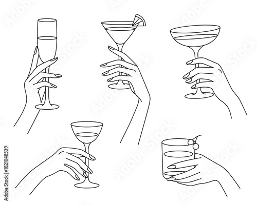 Elegant line art set of female hands holding various cocktail and wine glasses, minimalist black outline drink illustrations for celebration, party and bar design. Vector illustration.
