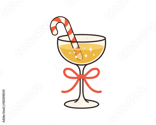 Festive cocktail glass with candy cane and red ribbon bow, sparkling holiday drink in elegant outline style, cheerful Christmas celebration element for seasonal designs. Vector illustration.