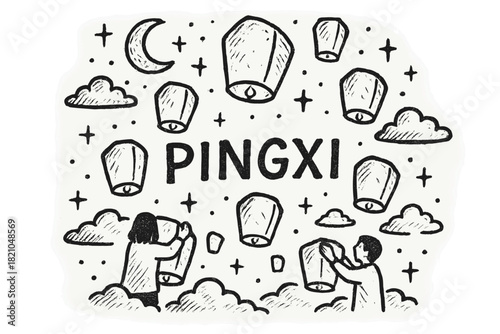 Pingxi Lantern Release. Hand-drawn lantern release taiwan with moons, sparkles, and clouds, center word “Pingxi” in black and