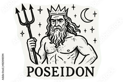 Poseidon Illustration. Hand-drawn Poseidon with moons, crown, and sparkles, center word “Poseidon” in black and white isolated