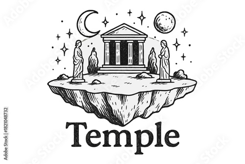 Sky Temple Fantasy. Hand-drawn temple island in the sky with moons, statues, and sparkles, center word “Temple” in black and white