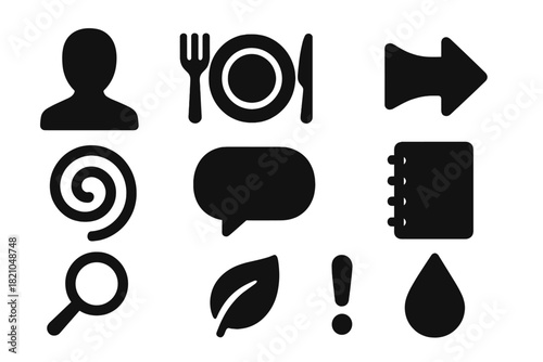 Behavioral Norms Icons. Solid style icons of behavioral norms and taste formation: human silhouette, fork, knife, plate, arrow,