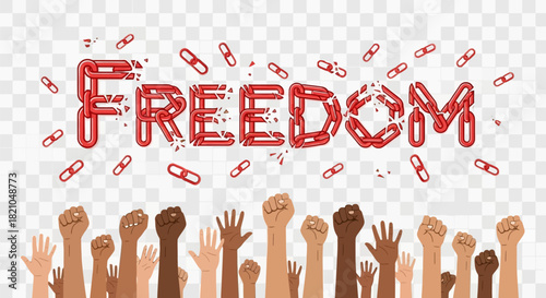 Diverse hands raised for emancipation, symbolizing liberation from broken chain