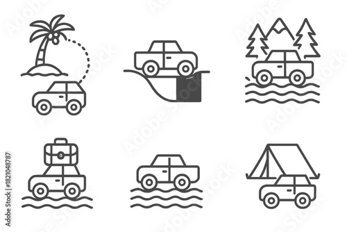 Amphibious Car Journey. Line style icons of amphibious car adventure travel: island-hopping route, road and water combined path,