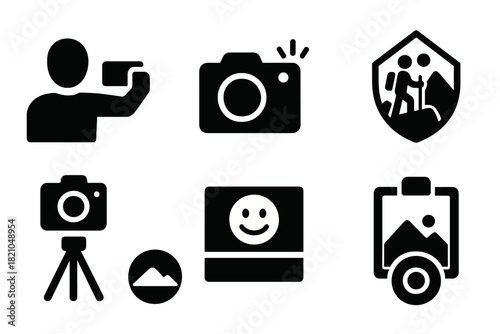 Scenic Photo Icons. Solid style icons of scenic photo moments: selfie glyph, camera click icon, viewpoint badge. Tripod ring,