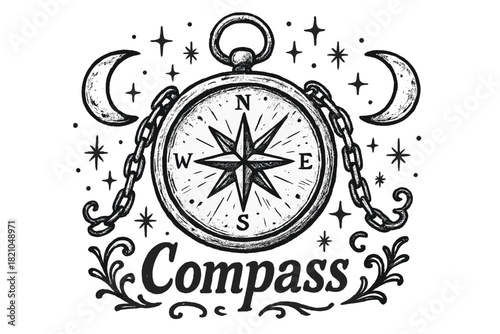 Pirate Compass Art. Hand-drawn pirate compass with moons, sparkles, and chains, center word “Compass” in black and white isolated