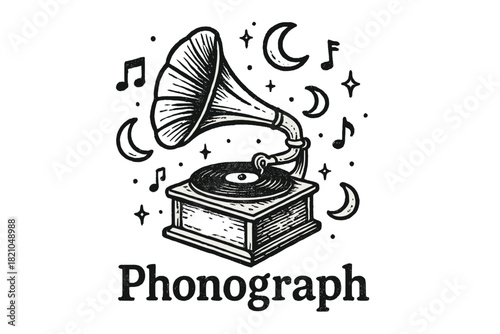 Phonograph Magic Imagery. Hand-drawn phonograph with moons, notes, and sparkles, center word “Phonograph” in black and white