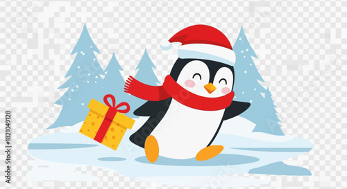 Animated penguin celebrating the winter season with a festive gift in snowy landscape